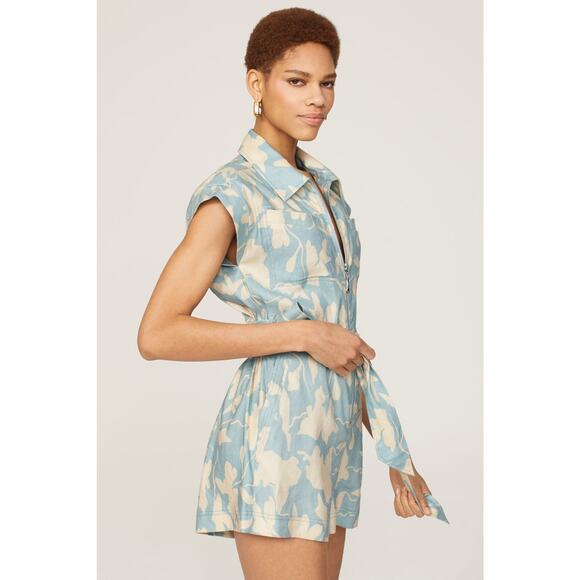 Tanya Taylor Skye Romper Blue Floral Collared Front Zip Linen Blend Sz XS‎ - Picture 4 of 12